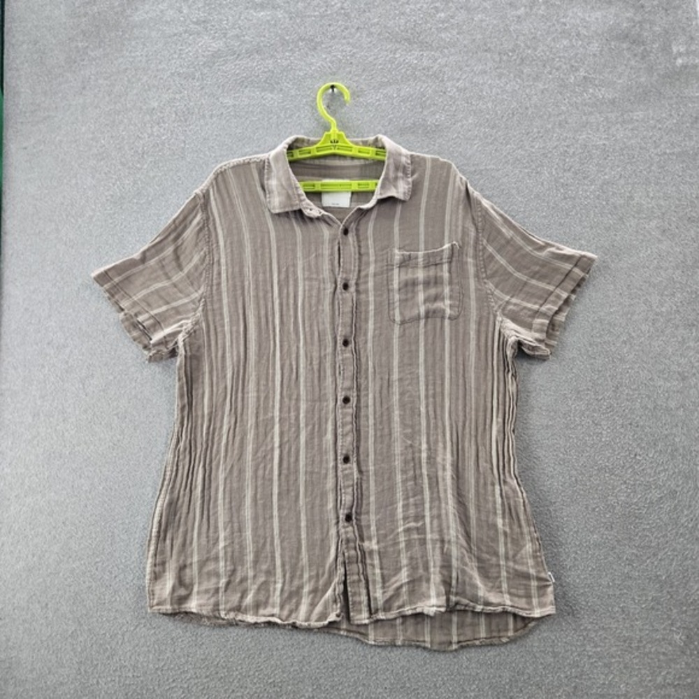 Katin Men Button Up Shirt‎ XXL Brown Cotton Linen Striped Short Sleeve